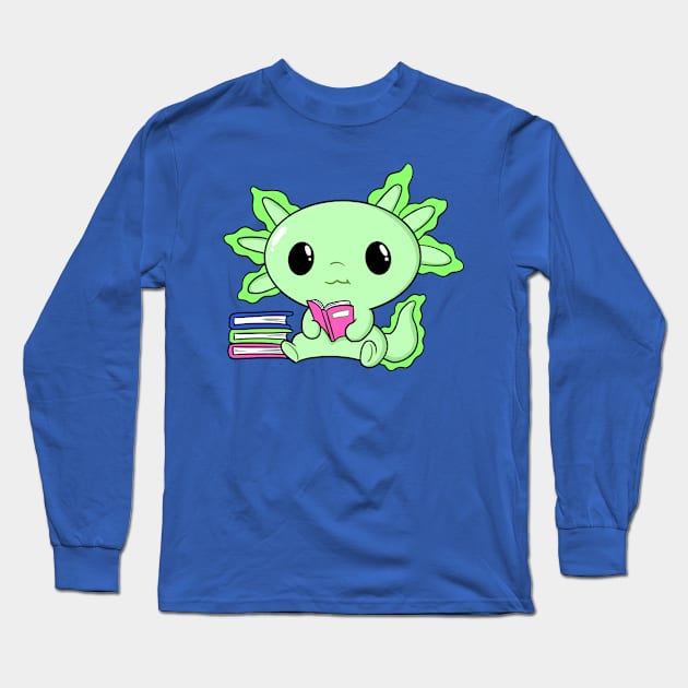 Cute Kawaii Green Axolotl Reading With Books Long Sleeve T-Shirt by hypedesigns19